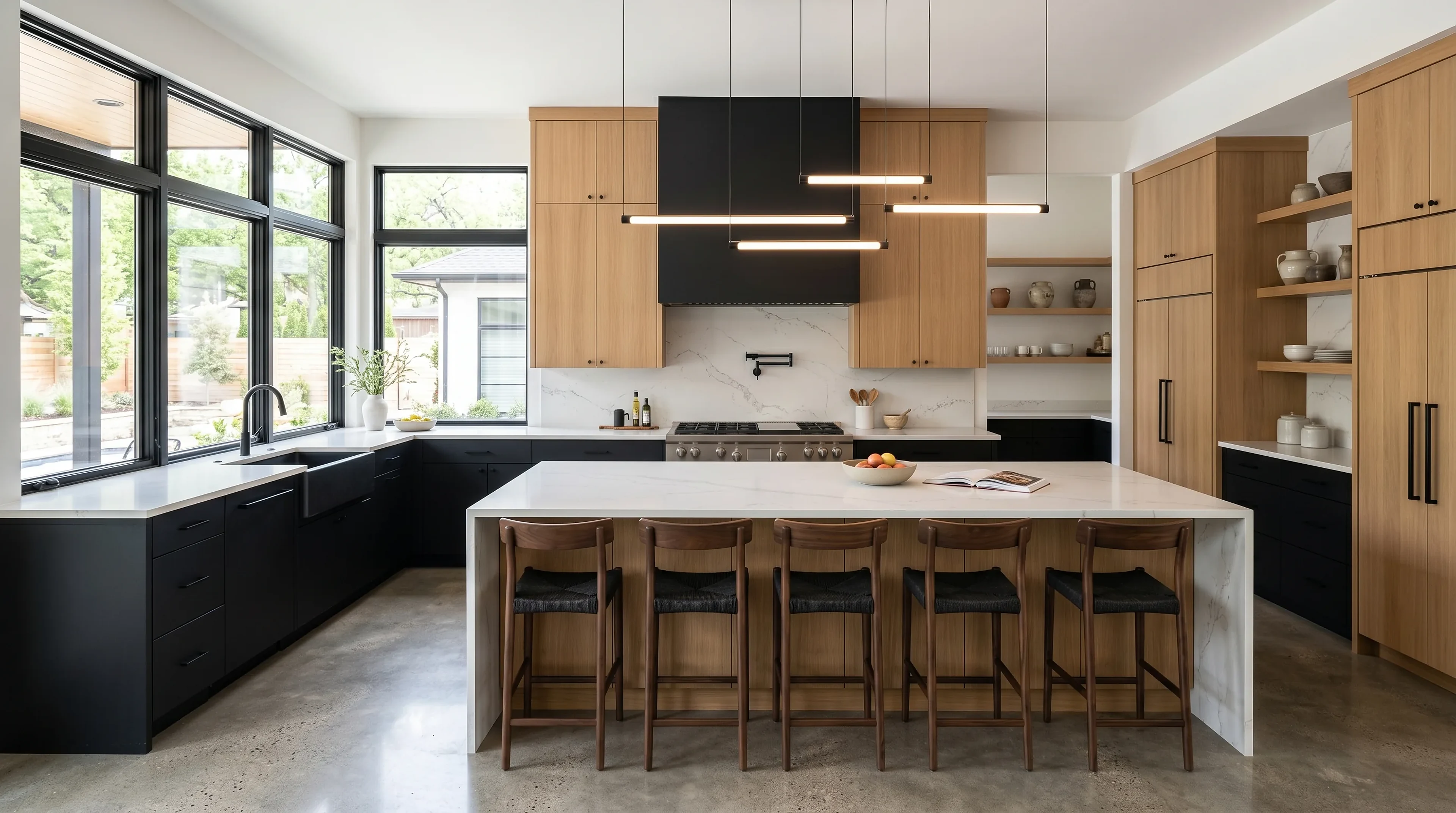 Upscale Westlake kitchen island design with premium stone counters and warm lighting