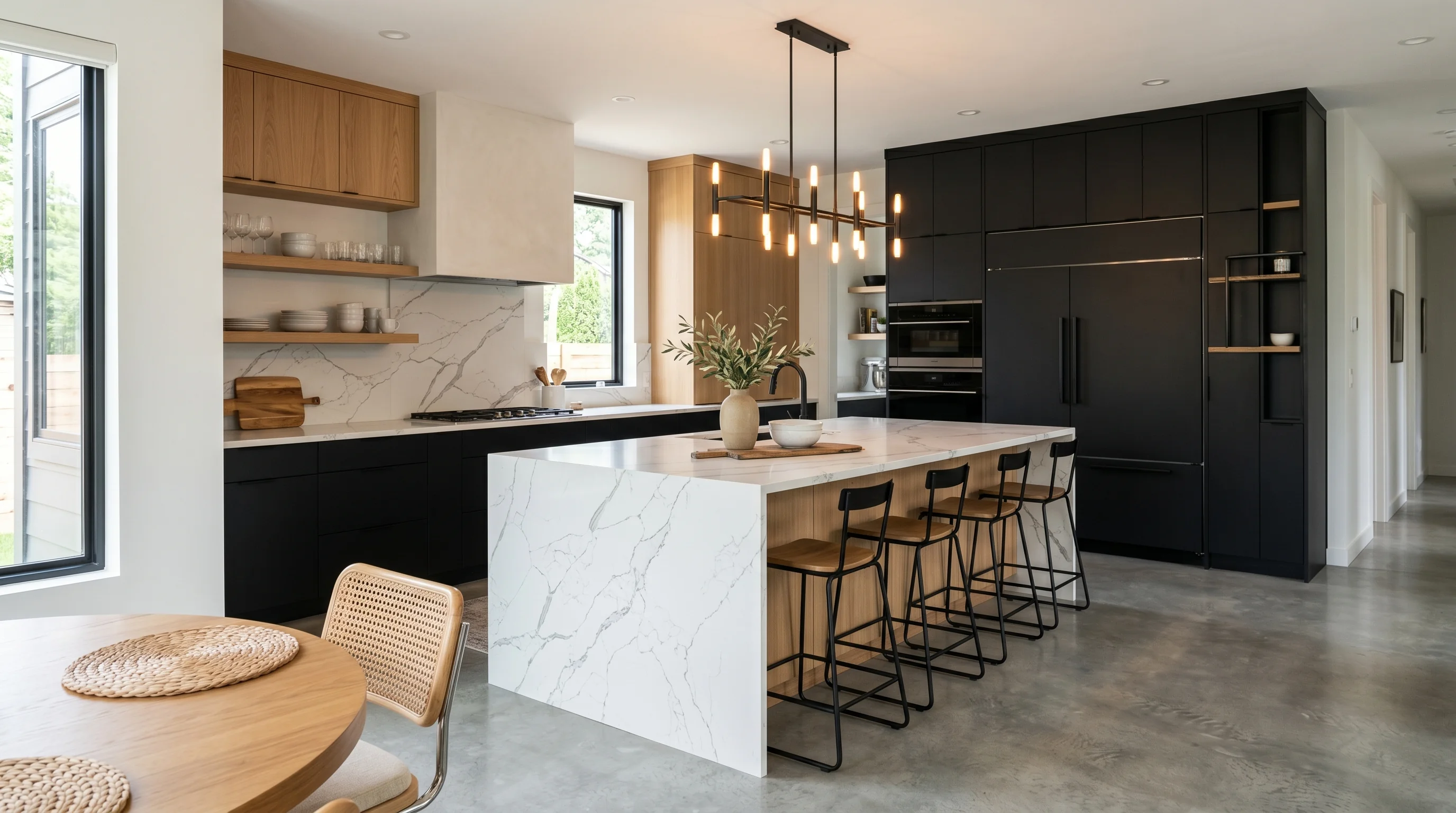 Bright Westlake kitchen remodel with large island, cabinet storage, and stone surfaces