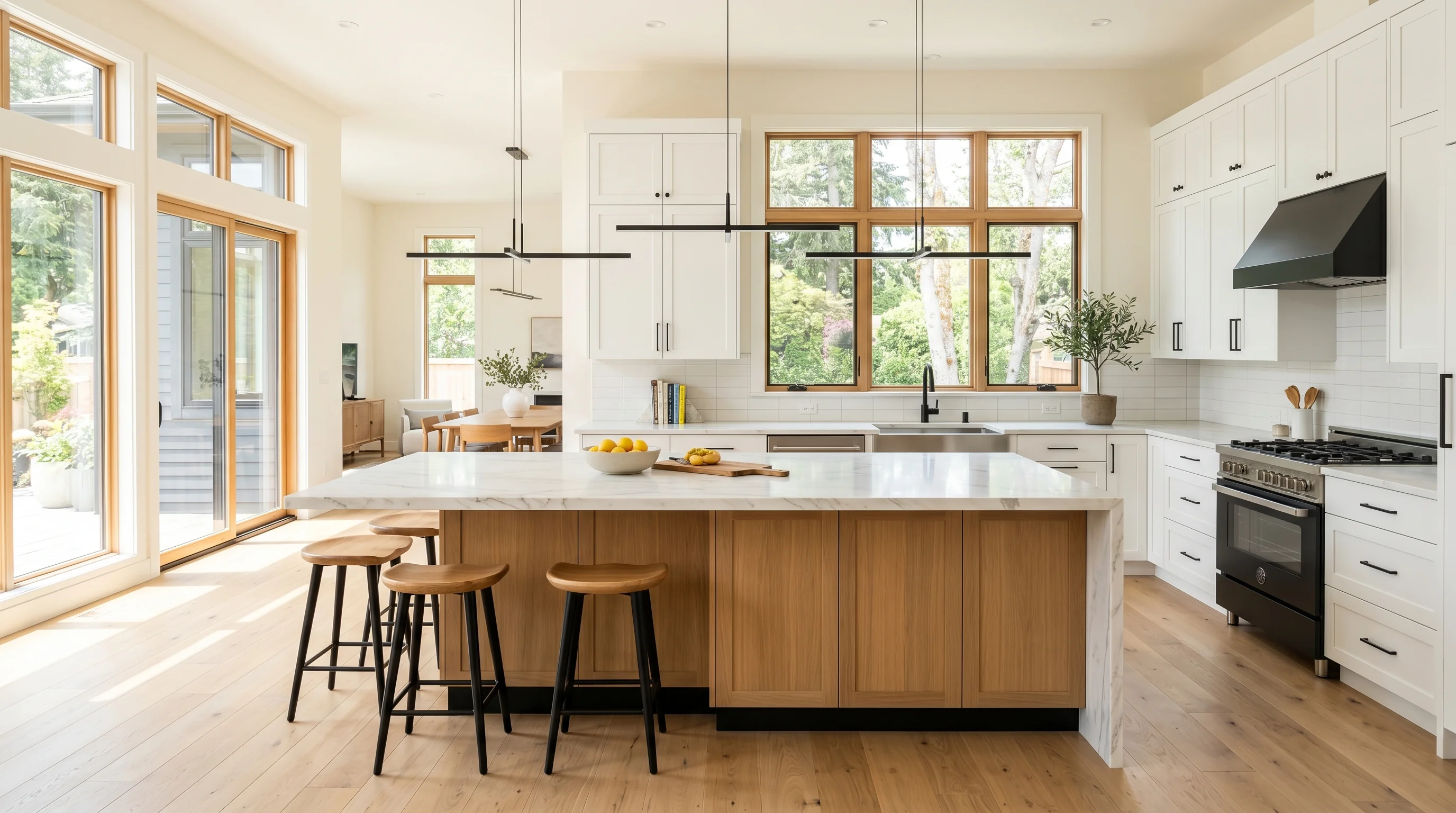 Modern Westlake kitchen remodel with waterfall island and coordinated cabinet finishes