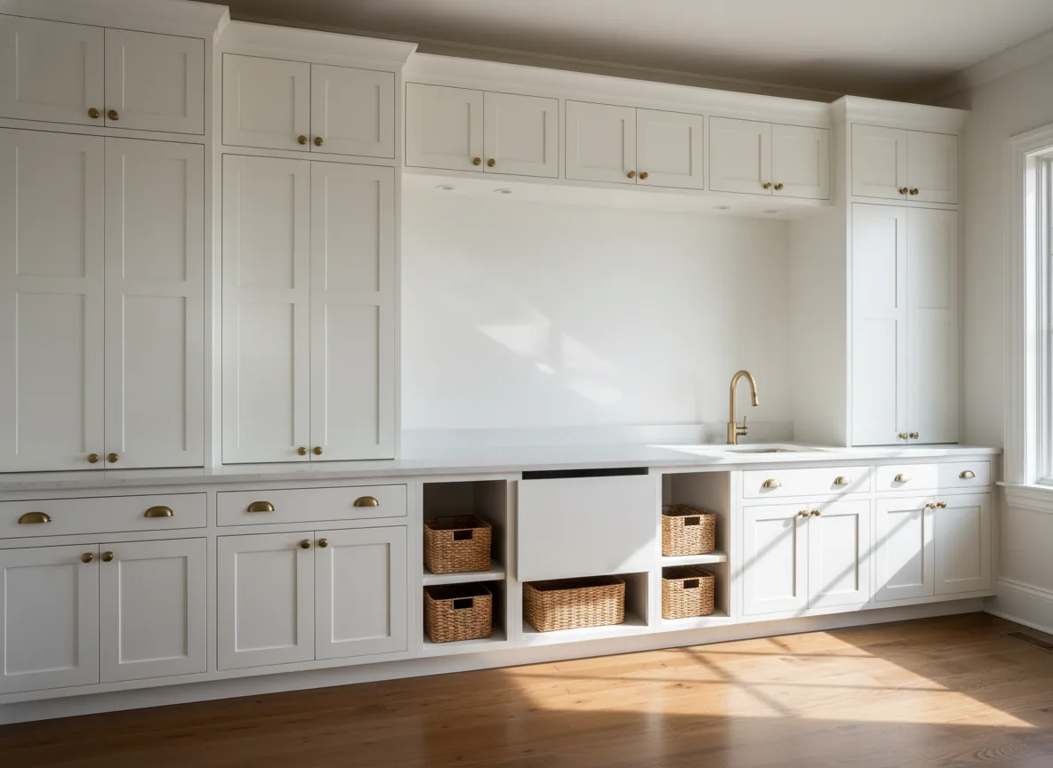 Custom white shaker laundry room cabinetry with brushed brass hardware and quartzite folding station