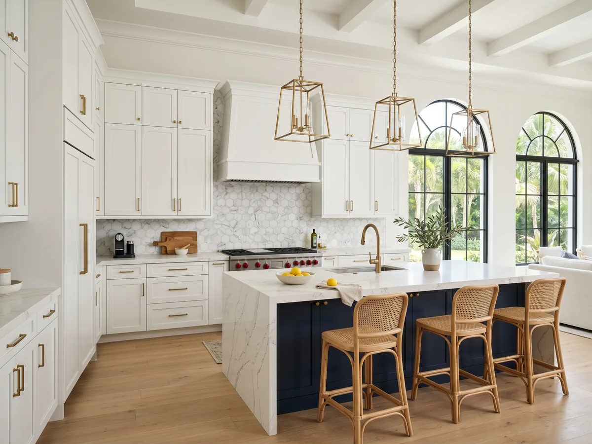 Luxury Boca Raton estate kitchen with white shaker cabinets, navy island, and white calacatta quartz waterfall countertop installed by JR Stone Design