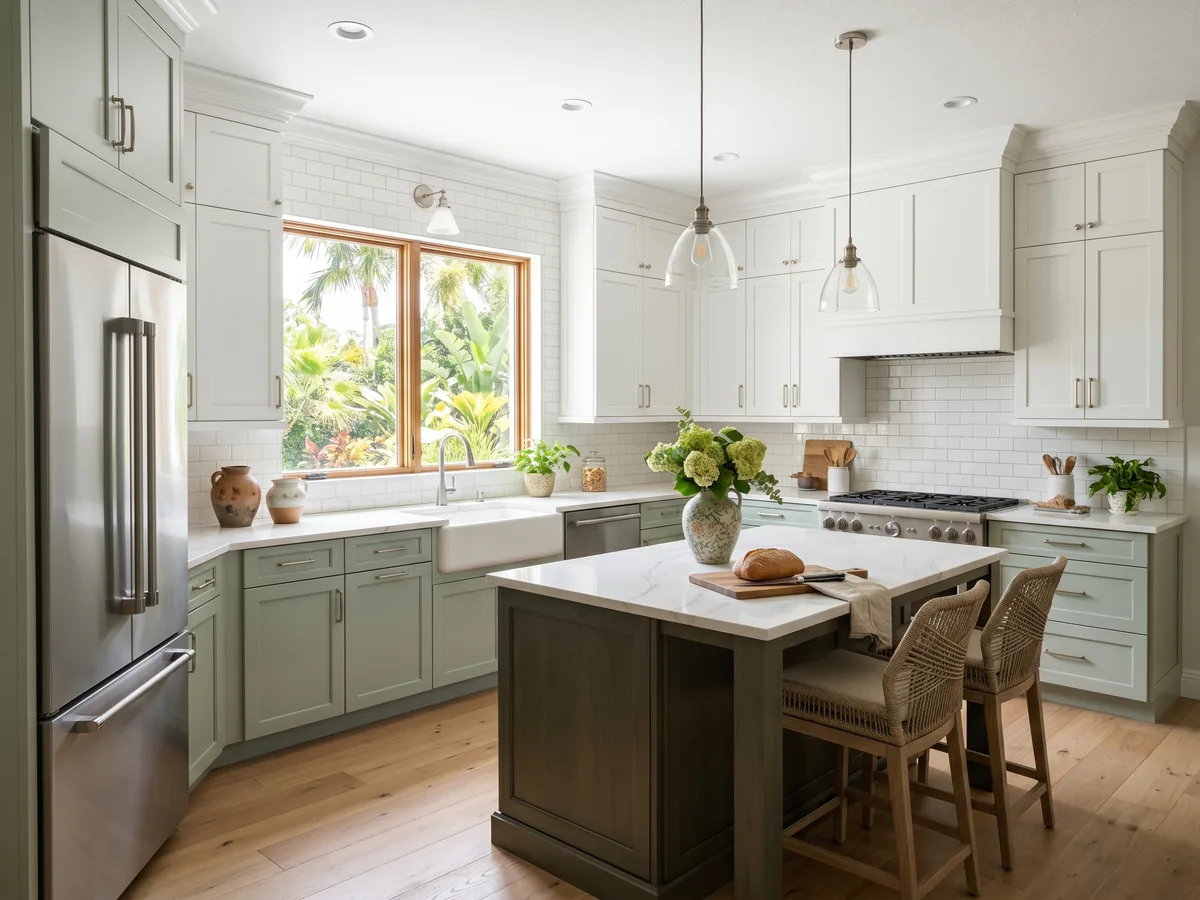 Transitional Boynton Beach kitchen with sage green lower cabinets and white shaker uppers, white quartz countertops, and a farmhouse sink