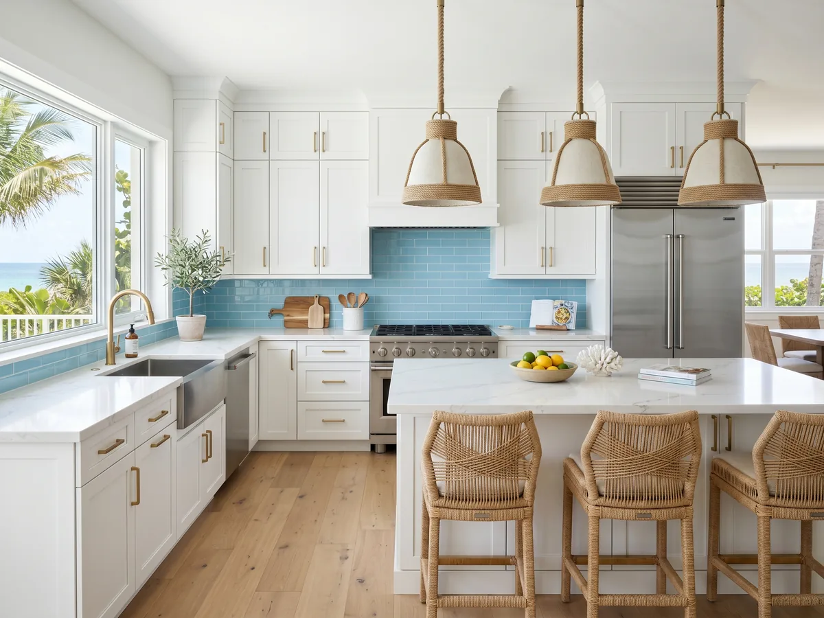 Coastal modern Delray Beach kitchen with white shaker cabinets, white quartz countertop with soft veining, and brushed brass hardware