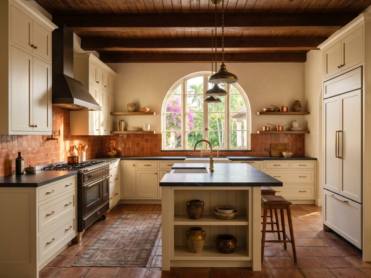 Historic Lake Worth Beach Mediterranean Revival kitchen renovation with cream shaker cabinets, dark soapstone counters, and Spanish tile backsplash