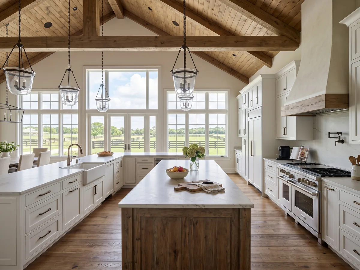 Spacious Loxahatchee equestrian estate kitchen with white shaker cabinets, 12-foot leathered quartzite island, vaulted wood-beam ceiling, and views of pastoral acreage