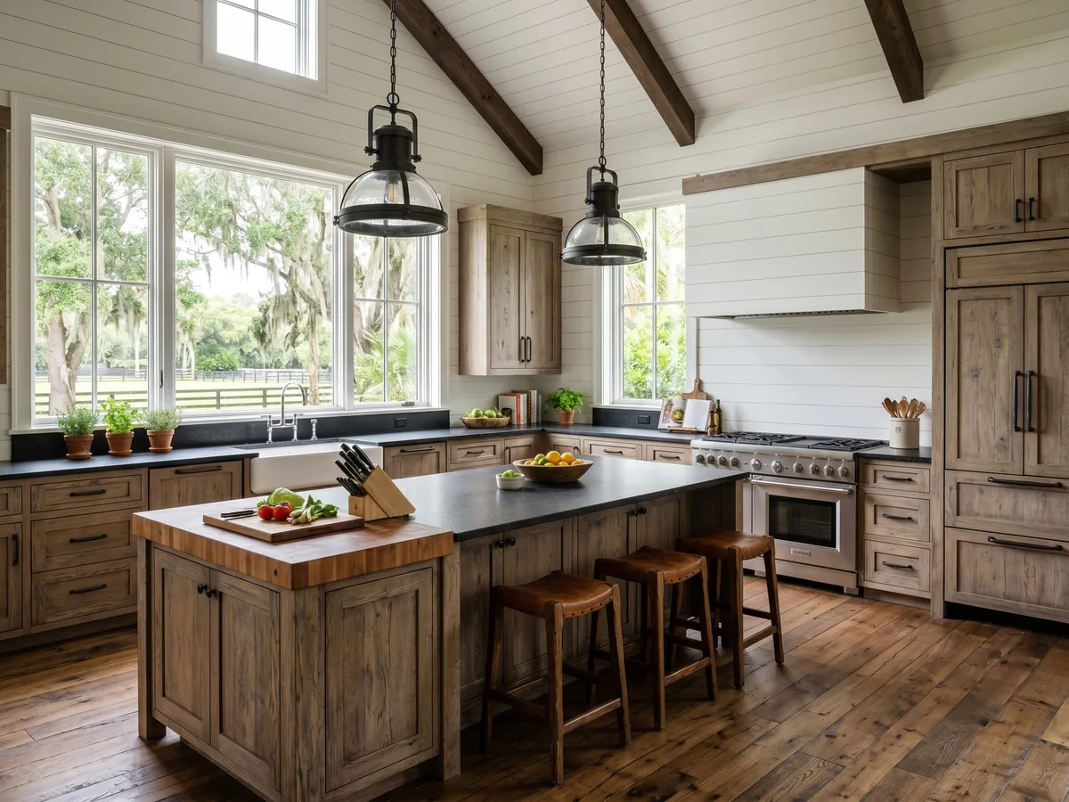 Spacious Loxahatchee equestrian estate kitchen with weathered oak cabinets, leathered black granite counters, and a large farmhouse sink