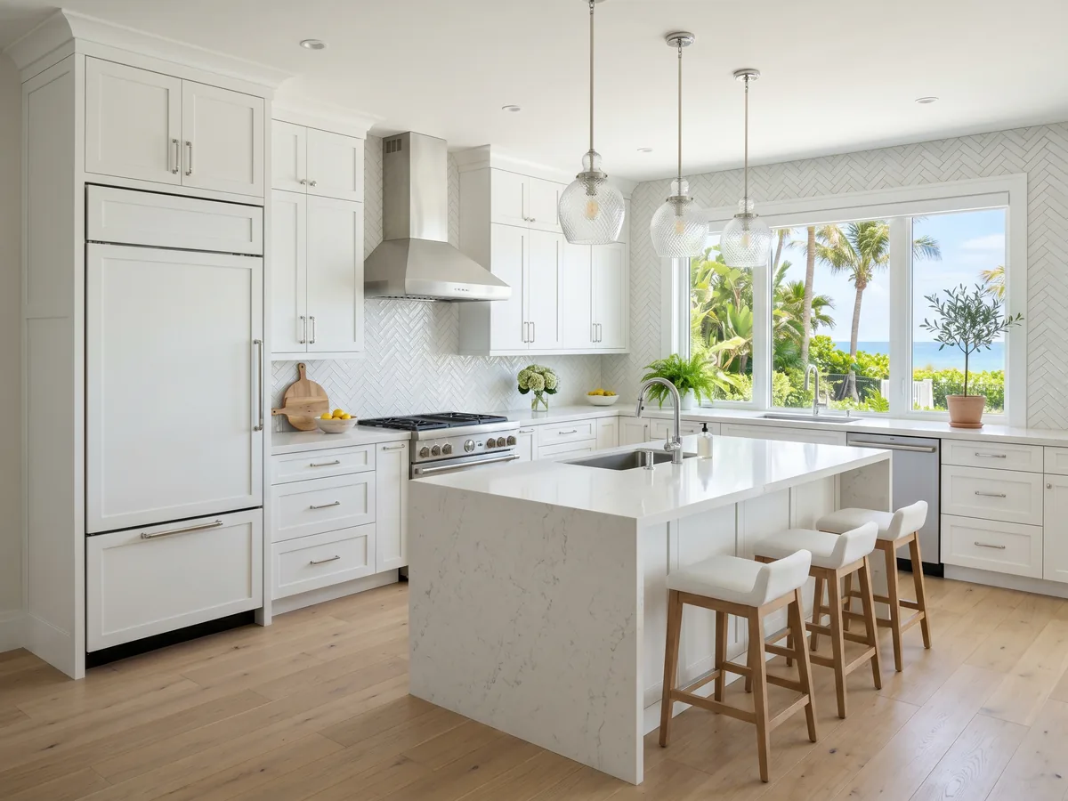 Modern coastal Riviera Beach kitchen with bright white shaker cabinets, white quartz countertops, and herringbone tile backsplash