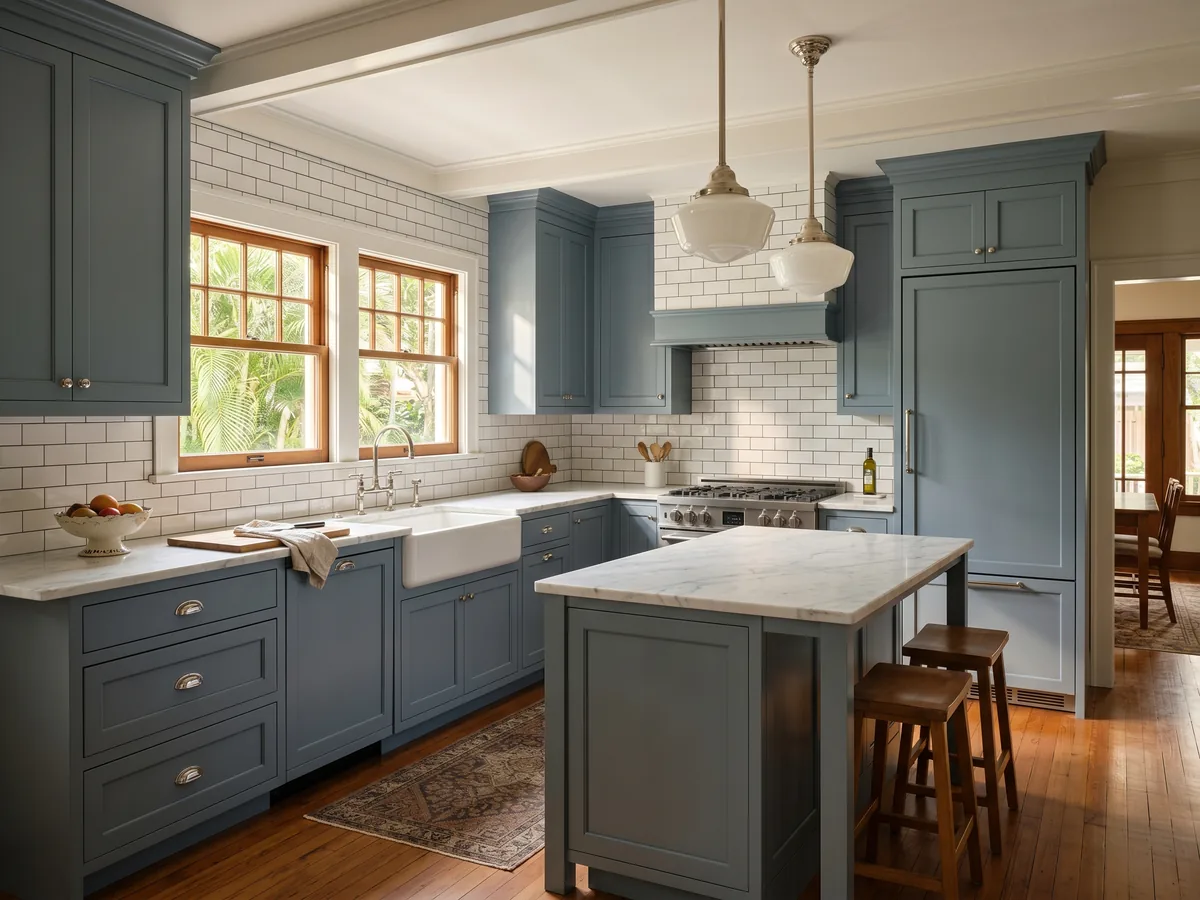 Historic West Palm Beach SoSo bungalow kitchen renovation with blue-gray shaker cabinets, white marble countertop, and vintage schoolhouse pendant lights