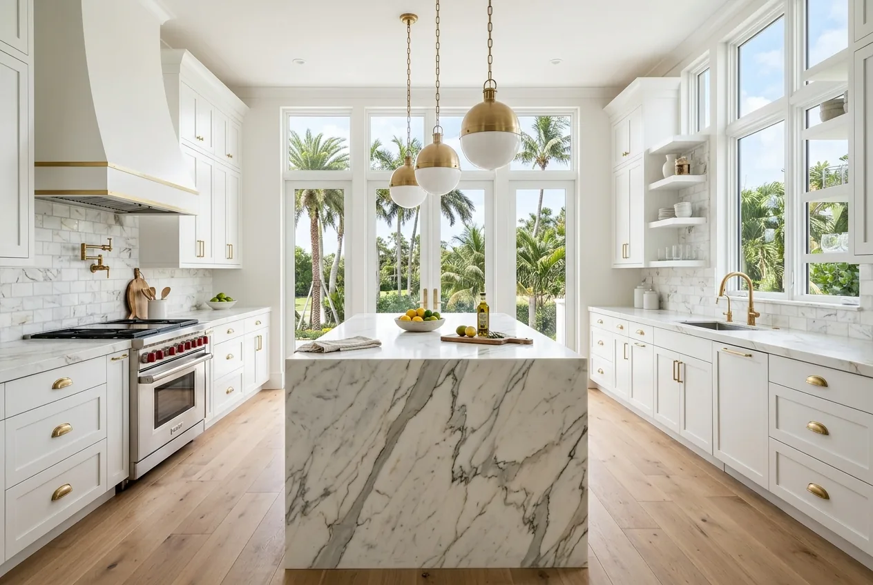 Luxury white shaker kitchen with calacatta marble waterfall island and brushed brass hardware
