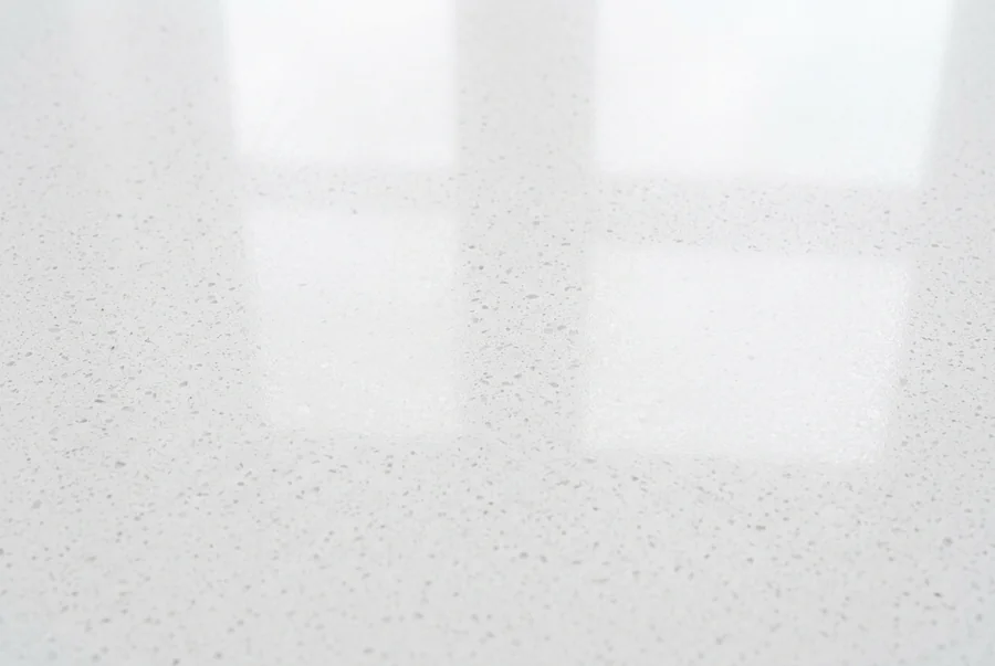 Polished white quartz countertop surface