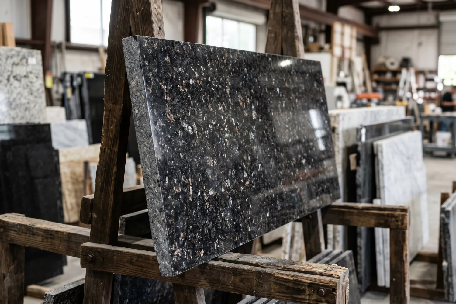 Partial polished black absolute granite slab remnant with subtle mineral flecks standing at the JR Stone Design remnant yard in Riviera Beach