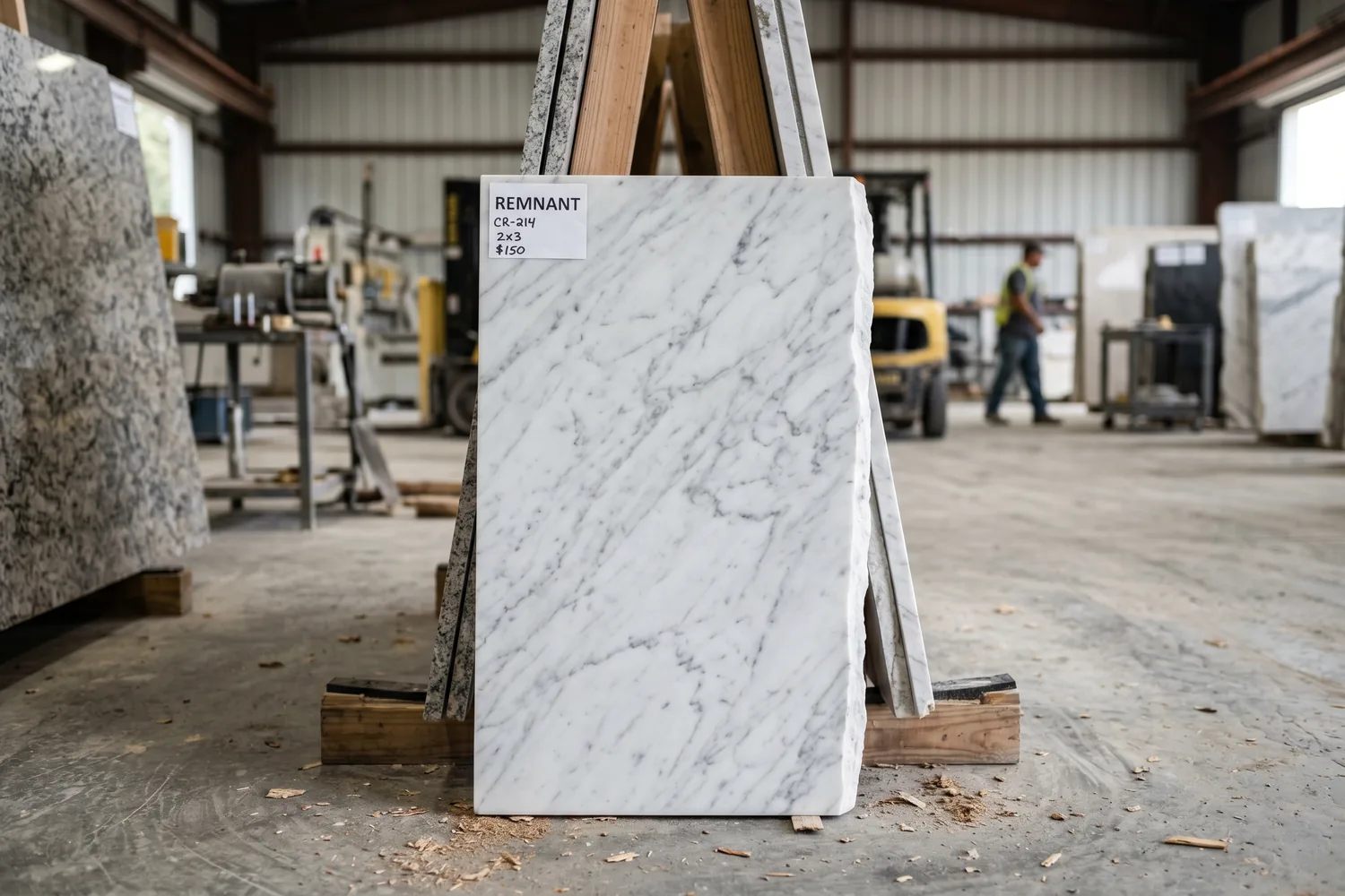 Partial polished Carrara marble slab remnant with classic gray veining standing upright at the JR Stone Design remnant yard