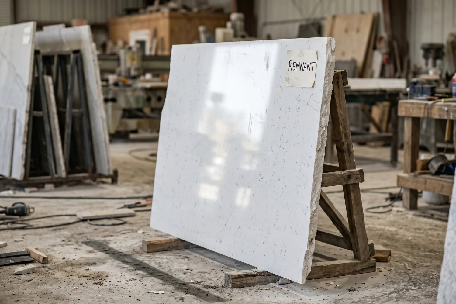 Partial polished white engineered quartz slab remnant with subtle gray speckling standing on a wooden A-frame rack at the JR Stone Design remnant yard