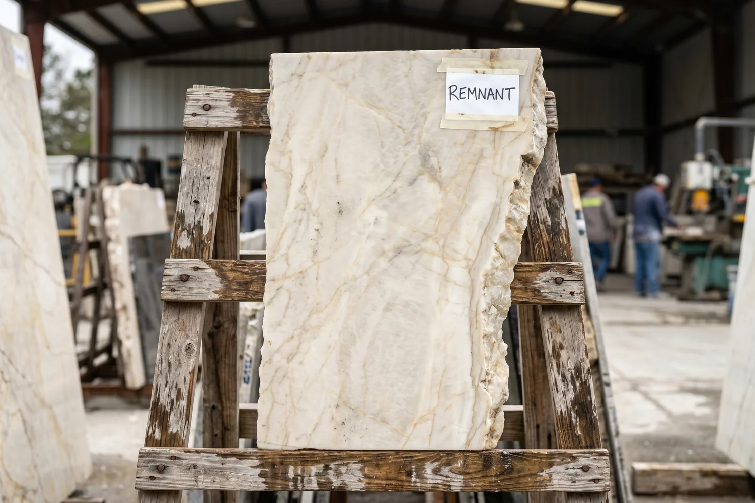 Partial polished Taj Mahal quartzite slab remnant with characteristic beige and cream background standing at the JR Stone Design remnant yard