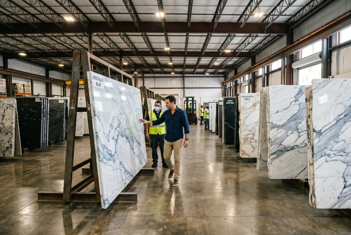 Customer walking the slab yard selecting a quartzite slab for their kitchen