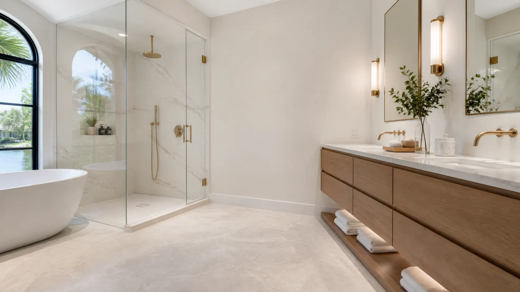 Luxury bathroom remodel with floating vanity and glass shower
